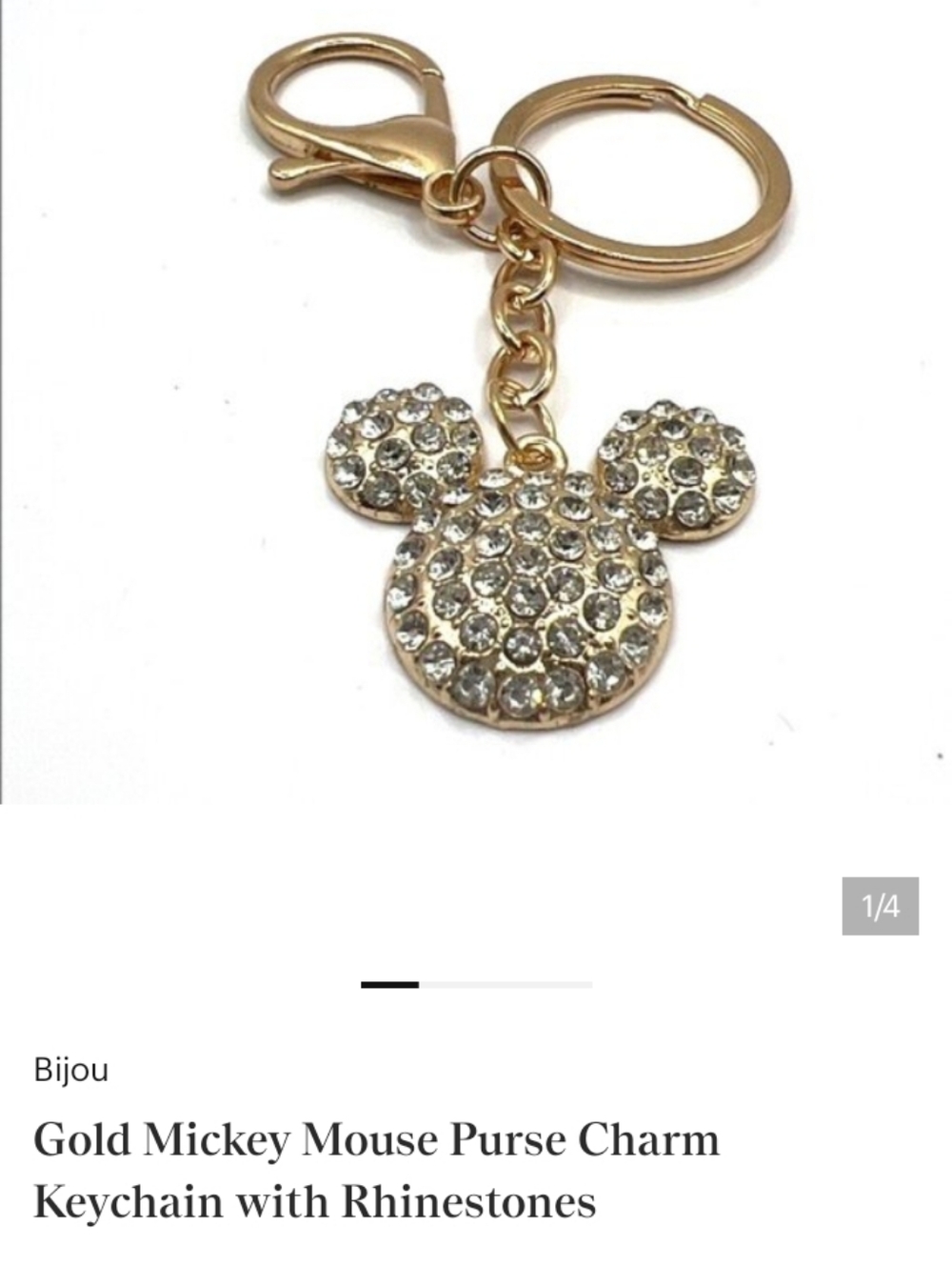 Gold Rhinestone Mickey-Style Keychain Purse Charm
